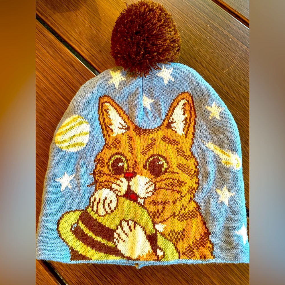 LIL BUB CAT BEANIE KNIT WINTER SKI HAT WITH POM POM. EXCELLENT CONDITION